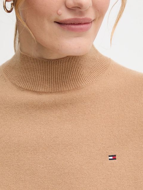 Tommy Hilfiger sweter wełniany damski kolor beżowy lekki z półgolfem WW0WW47468