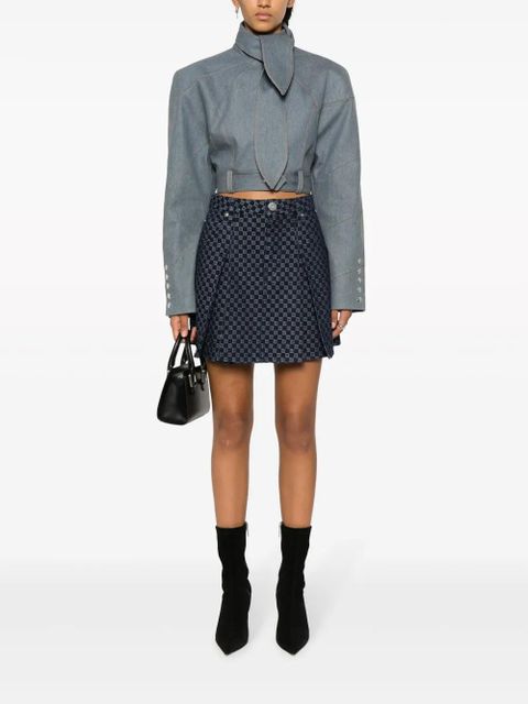 Balmain pleated monogram-jacquard denim miniskirt - Blue