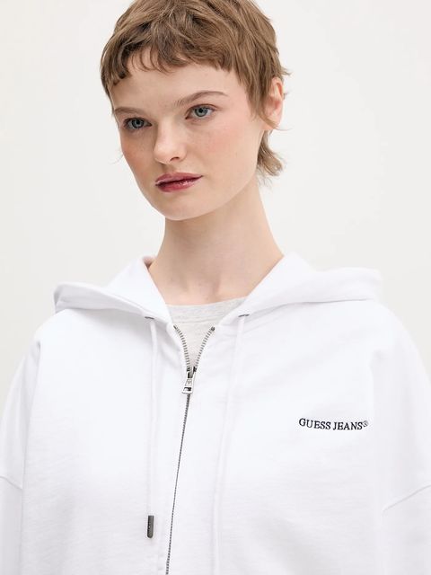 Guess Jeans bluza bawełniana damska kolor biały z kapturem gładka W6RQ32 K68I4