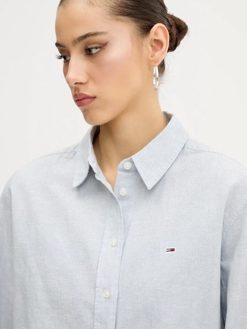 Tommy Jeans koszula z domieszką lnu damska kolor szary regular z kołnierzykiem klasycznym DW0DW20292 - zdjęcie produktu nr 2
