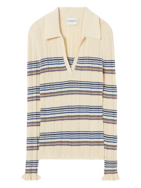 Claudie Pierlot striped ruffled polo top - Neutrals - zdjęcie produktu nr 1