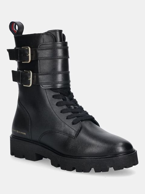 Tommy Hilfiger botki skórzane TH LTHR BIKER LACEUP damskie kolor czarny na płaskim obcasie FW0FW08986 - zdjęcie produktu nr 1