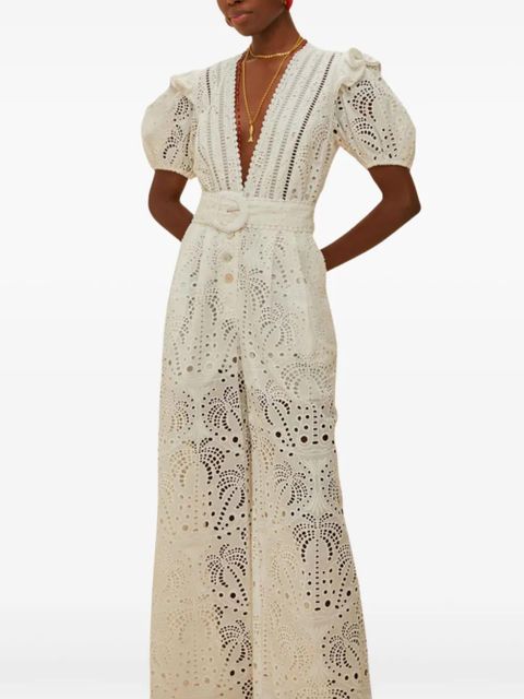 FARM Rio broderie-anglaise puff-sleeve jumpsuit - L0025 OFF WHITE