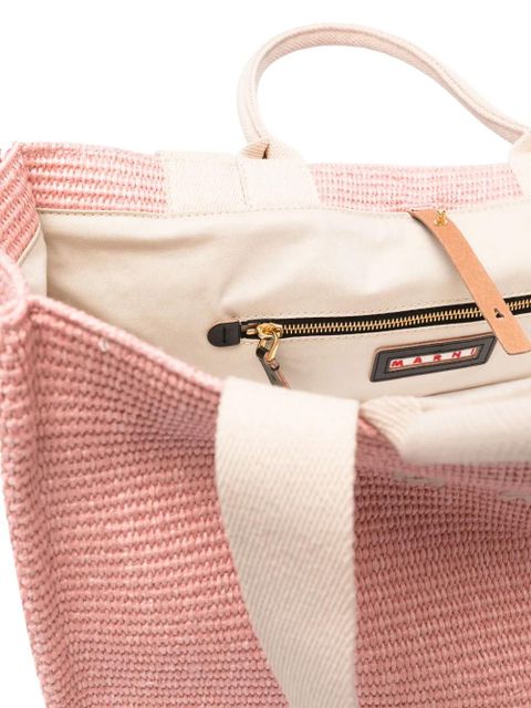 Marni logo-embroidered raffia tote bag - Pink