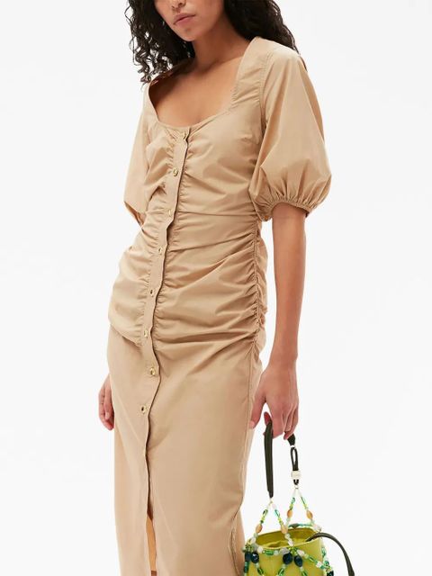 GANNI ruched organic cotton dress - Neutrals