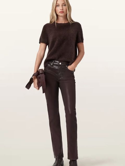 AllSaints spodnie damskie kolor bordowy szerokie high waist W093ED