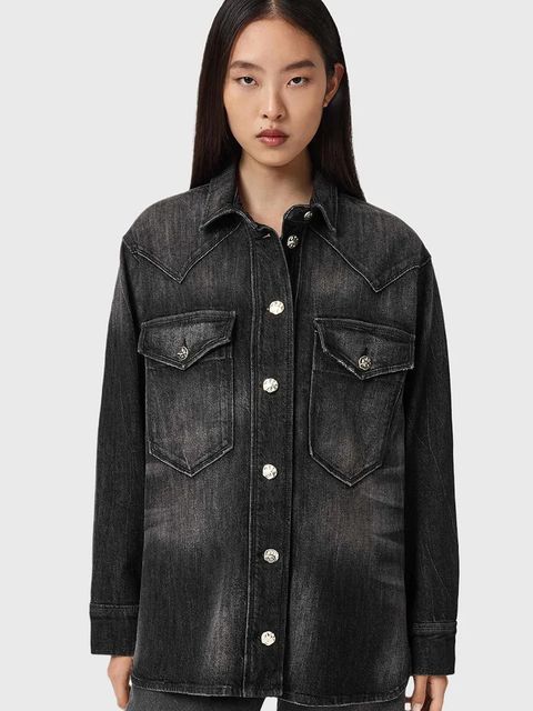 AllSaints koszula jeansowa damska kolor czarny regular z kołnierzykiem klasycznym W094PD - zdjęcie produktu nr 1
