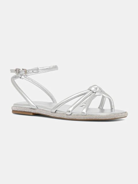 Guess sandały skórzane SLONE damskie kolor srebrny FLJSLO LEM03