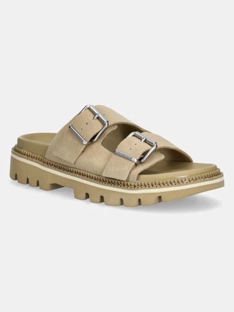 Tommy Jeans klapki zamszowe DOUBLE STRAP SANDAL SUEDE damskie kolor beżowy na platformie EN0EN02797