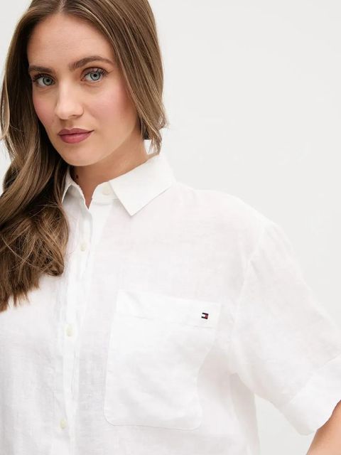 Tommy Hilfiger koszula lniana damska kolor beżowy relaxed z kołnierzykiem klasycznym WW0WW44720