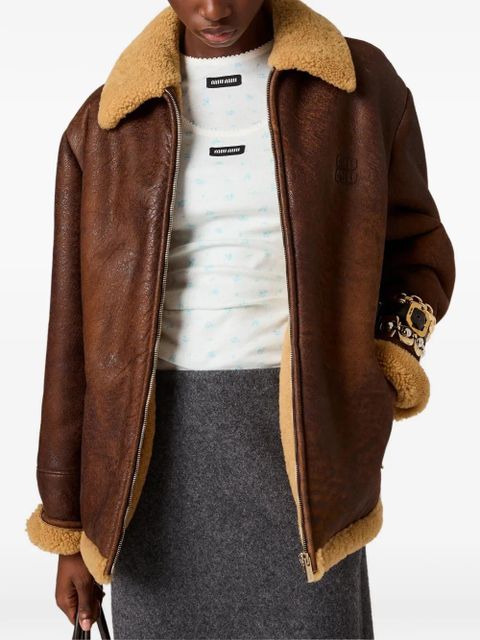 Miu Miu zip-up shearling coat - Brown