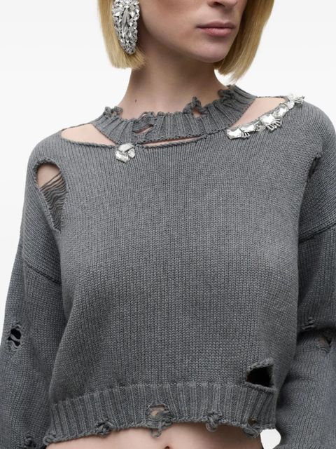 AREA crystal-embellished distressed sweater - Grey