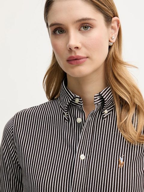 Polo Ralph Lauren koszula bawełniana damska kolor brązowy slim z kołnierzykiem klasycznym 211910131