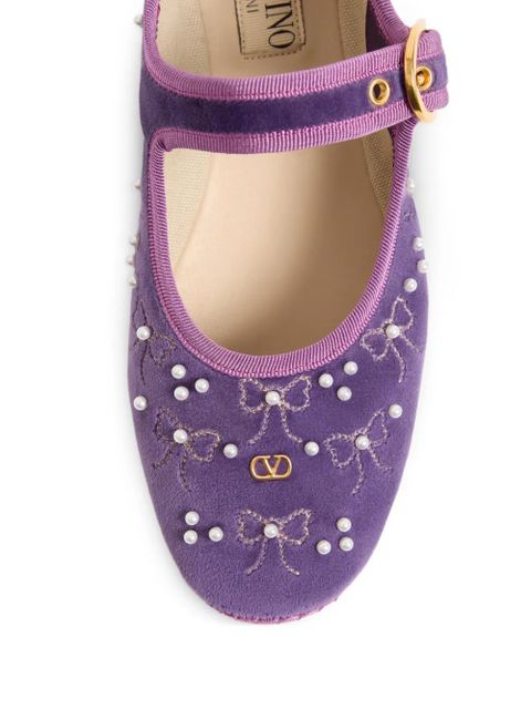 Valentino Garavani Mary-Jane endouce velvet ballerina with bow embroidery - Purple