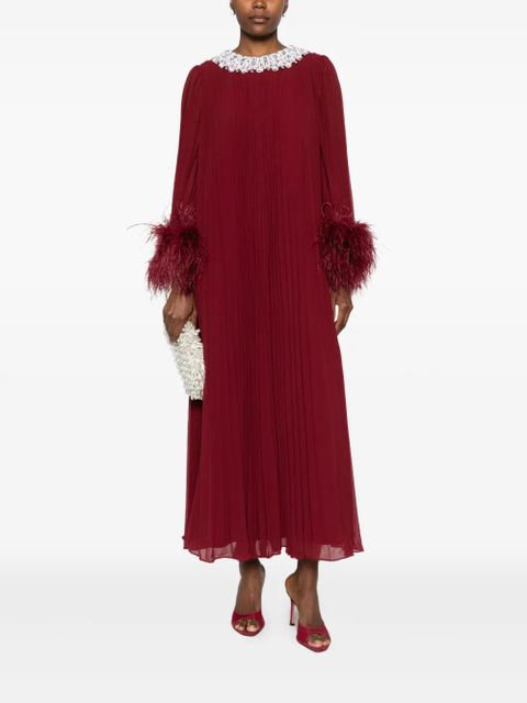 Self-Portrait feather-trimmed chiffon midi dress - Red