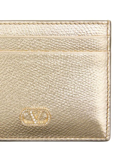 Valentino Garavani VLogo Signature card holder in laminated grainy calfskin with jewel logo - Gold