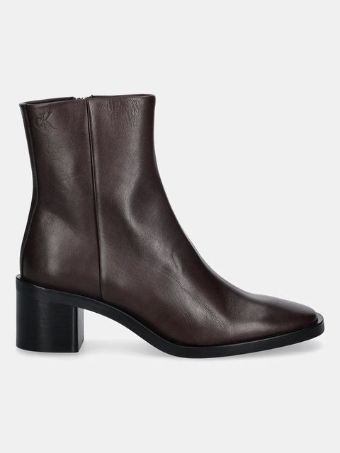 Calvin Klein botki skórzane BLOCK HEEL ZIP BOOT LTH damskie kolor brązowy na słupku HW0HW02593