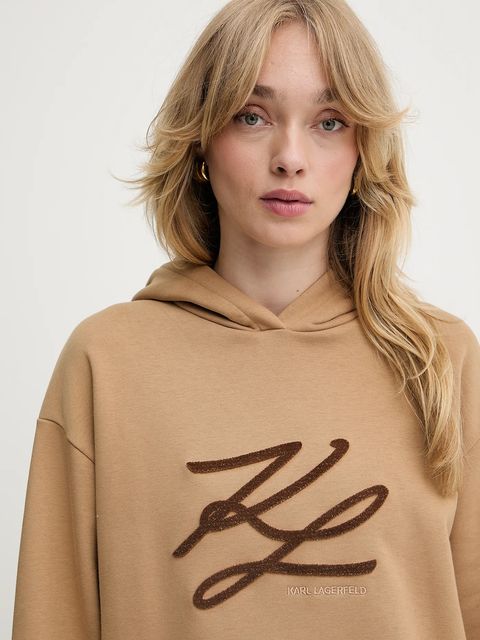 Karl Lagerfeld bluza AUTOGRAPH HOODIE damska kolor beżowy z kapturem z aplikacją A3W20008