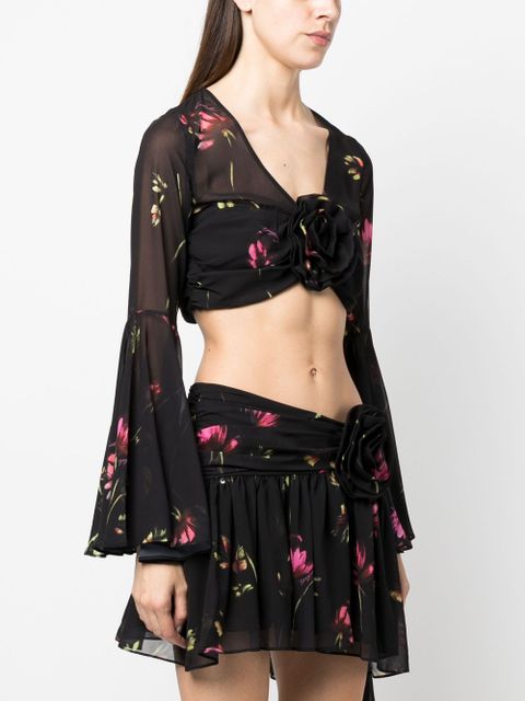 ROTATE BIRGER CHRISTENSEN semi-sheer floral-print cropped blouse - Black