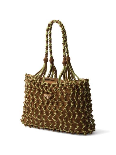 Prada macramé logo-plaque tote bag - Brown