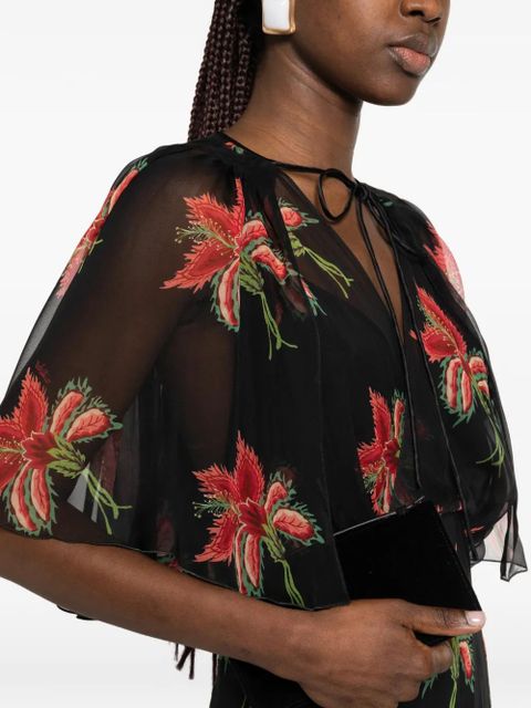 Valentino Garavani floral-print cape-sleeve dress - Black