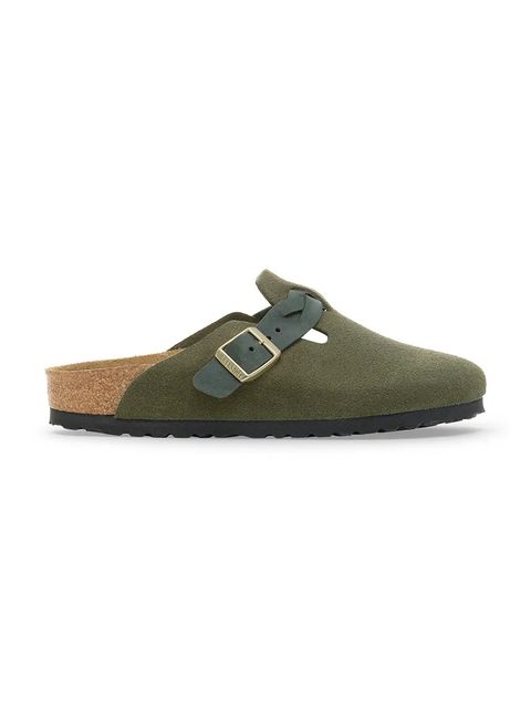 Birkenstock klapki zamszowe Boston Braided damskie kolor zielony 1030599
