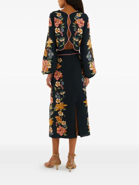 FARM Rio floral-embroidered midi skirt - Blue