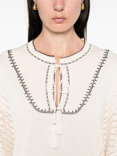 Ba&Sh Bausca embroidered tassel-neck top - Neutrals