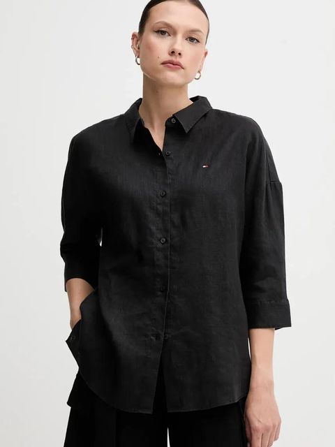 Tommy Hilfiger koszula lniana damska kolor czarny relaxed z kołnierzykiem klasycznym WW0WW46169 - zdjęcie produktu nr 1