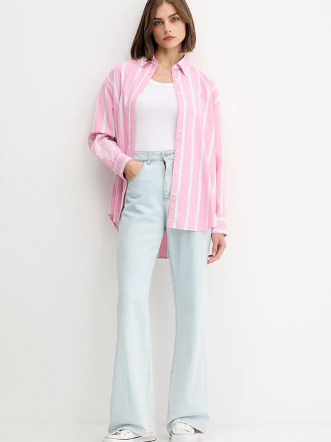 Guess Jeans koszula bawełniana damska kolor różowy relaxed z kołnierzykiem klasycznym W5YH98 WHFL1