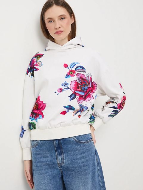 Medicine bluza bawełniana damska kolor beżowy z kapturem wzorzysta - zdjęcie produktu nr 1