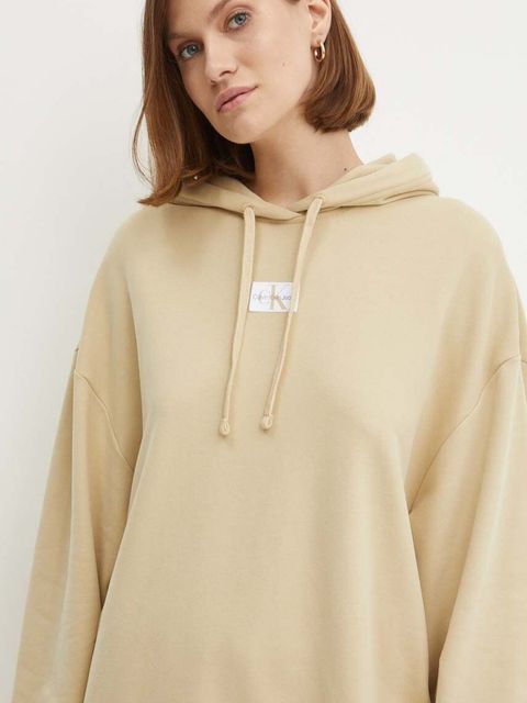 Calvin Klein Jeans bluza bawełniana damska kolor beżowy z kapturem z aplikacją J20J224063