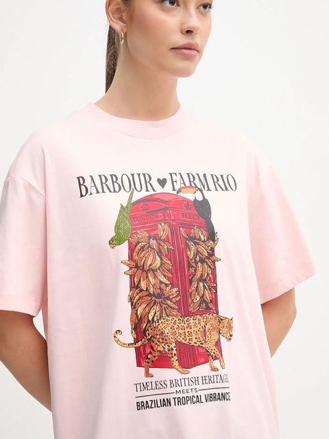 Barbour t-shirt bawełniany x Farm Rio damski kolor różowy LTS0699