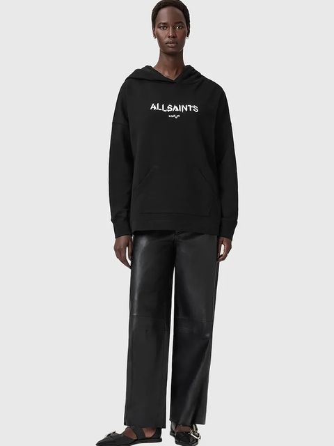 AllSaints bluza bawełniana damska kolor czarny z kapturem wzorzysta W107JD