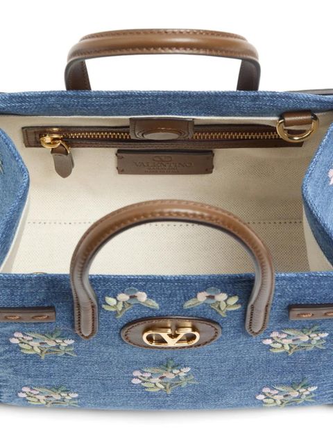 Valentino Garavani Antibes small embroidered denim shopping bag - Blue