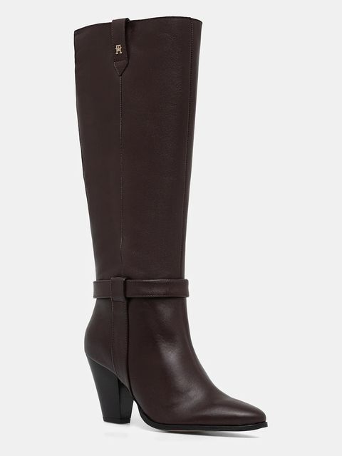 Tommy Hilfiger kozaki skórzane TH T-STRAP LTHR POINTY LONG BOOT damskie kolor brązowy na słupku FW0FW08982 - zdjęcie produktu nr 1