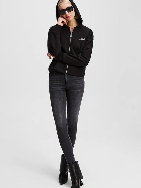 Karl Lagerfeld bluza HEM SIGNATURE damska kolor czarny z kapturem z aplikacją A3W20067