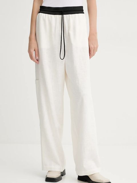 MMC STUDIO spodnie damskie kolor beżowy proste high waist LINEN - zdjęcie produktu nr 1