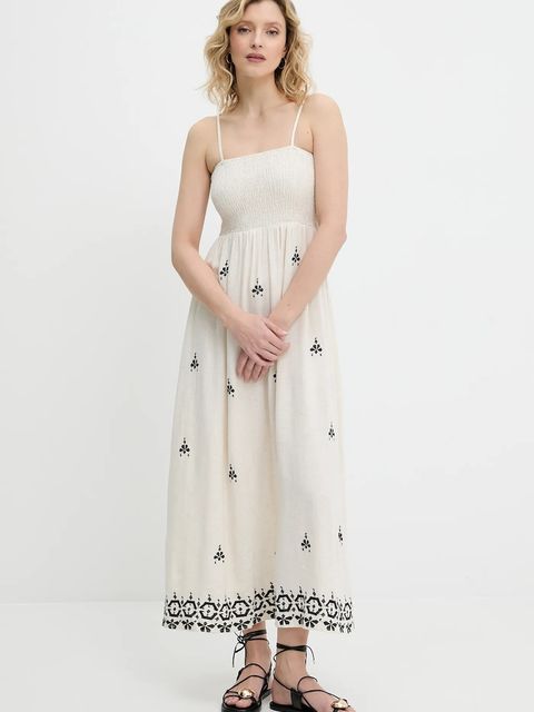 Answear.LAB sukienka z lnem kolor beżowy midi rozkloszowana - zdjęcie produktu nr 1