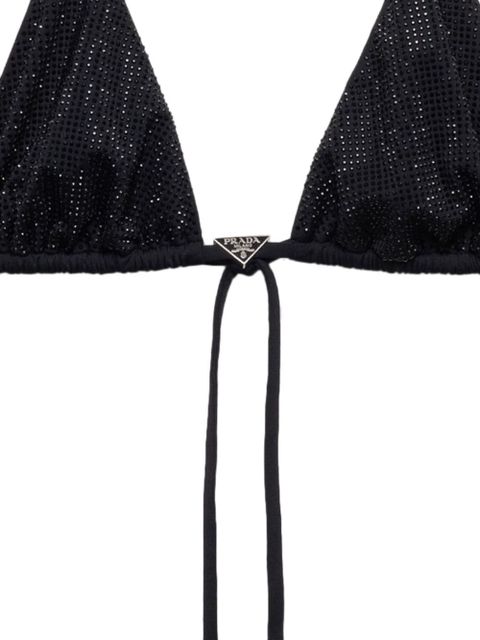Prada logo-plaque rhinestone-embellished bikini top - Black