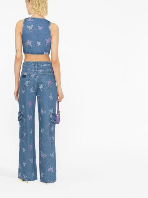 GANNI embroidered denim crop top - Blue