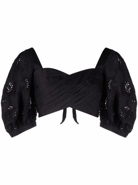 Self-Portrait lace puff-sleeves crossover cropped top - Black - zdjęcie produktu nr 1
