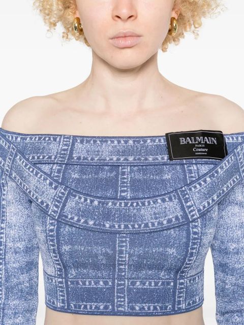 Balmain trompe l'oeil-print crop top - Blue