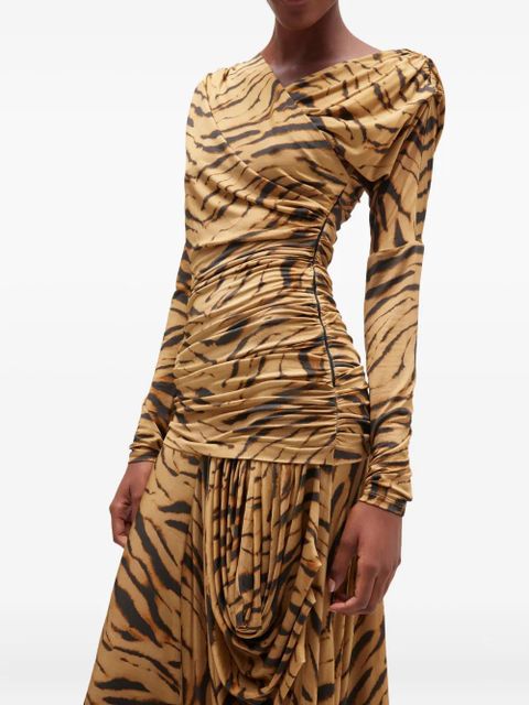 GANNI tiger-print draped midi dress - Neutrals