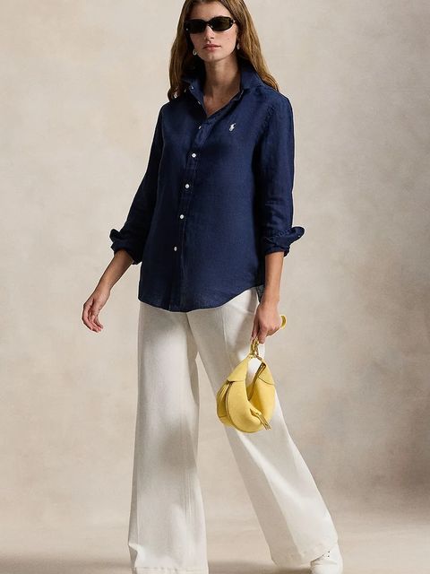 Polo Ralph Lauren koszula lniana kolor granatowy relaxed z kołnierzykiem klasycznym 211970730