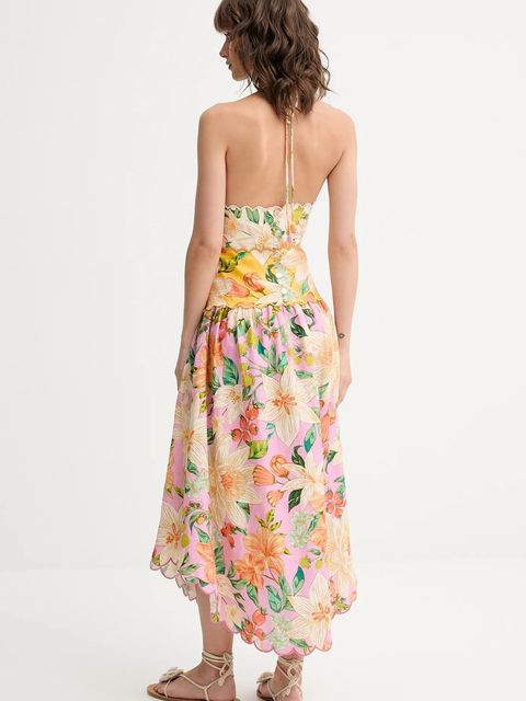 Farm Rio sukienka lniana kolor różowy midi rozkloszowana 335814 - zdjęcie produktu nr 2