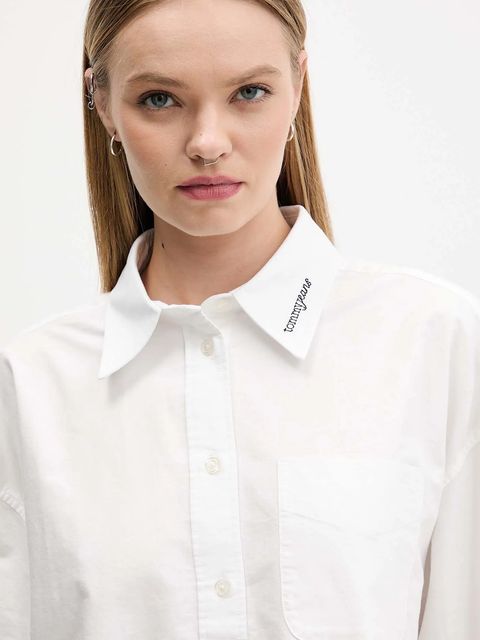 Tommy Jeans koszula bawełniana damska kolor biały relaxed z kołnierzykiem klasycznym DW0DW21455
