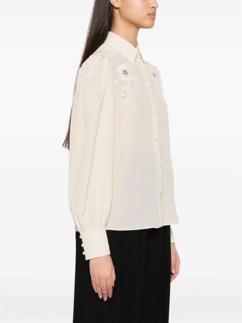 Valentino Garavani floral-embroidered pleated-sleeve blouse - Neutrals