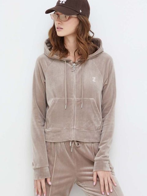 Juicy Couture bluza welurowa kolor beżowy z kapturem gładka