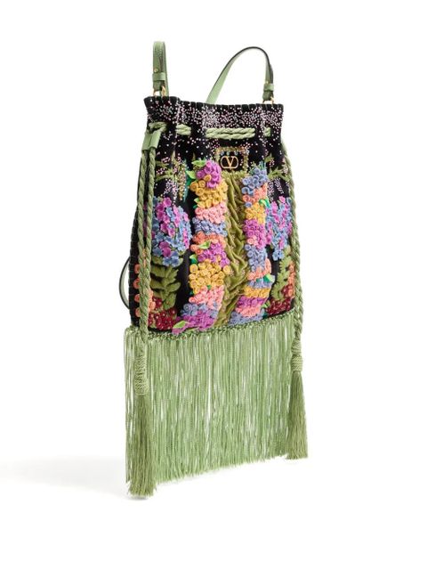 Valentino Garavani fringed embroidered drawstring bag - Black